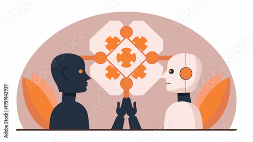 A vector graphic illustration of a human and robot in harmony