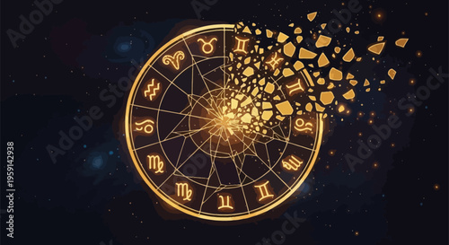 Golden zodiac wheel with disintegrating right side on dark background with starry night sky