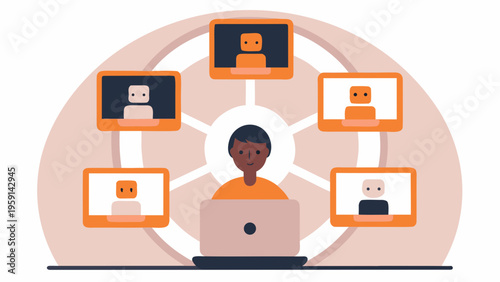 A diverse person using a laptop with multiple screens for online communication