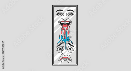 Split face illustration with mixed emotions in a rectangle frame with blue and red tears