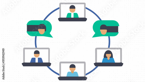 A vector graphic illustration of people communicating on laptops in a circle