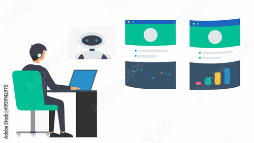 A man sits at a desk with a laptop and headset, interacting with a robot and various web browser windows.