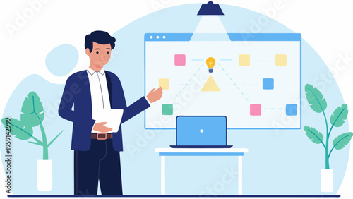 A businessman presenting a project on a laptop in a modern office