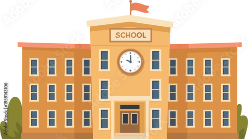 School building with clock and flag representing education learning environment and academic institution exterior