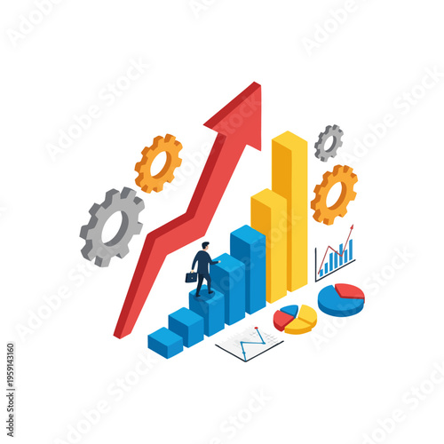 Wallpaper Mural Isometric Business Growth and Success with Bar Charts and Rising Arrow. Torontodigital.ca