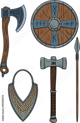 Norse warrior equipment set including shield axe spear and helmet inspired by ancient Scandinavian culture