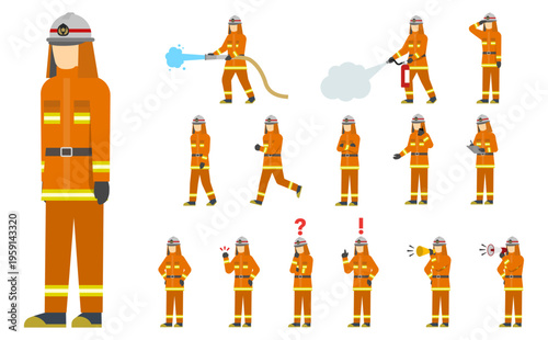 フラットイラスト：オレンジの消防服の消防士セット