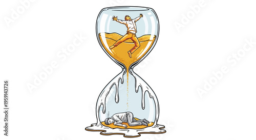 Person trapped in melting hourglass with sand and liquid symbolizing time pressure and stress