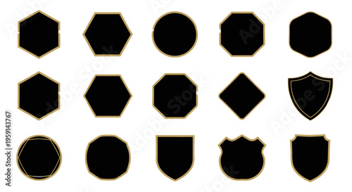 Collection of Black Emblems and Badges with Gold Border on White Background