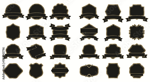 Collection of Black Emblems and Badges with Ribbons, Vintage Style Labels