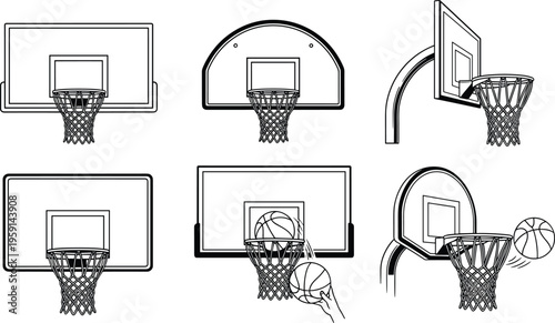Basketball hoop and backboard collection, sports equipment vector set, street and gym basket goals with net, isolated outline illustration bundle