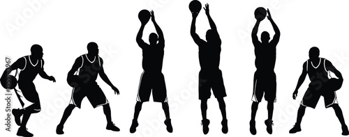 Basketball player silhouettes vector illustration, dribbling shooting and jumping poses set, black athlete figures isolated, sports action collection for design