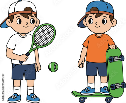 Cute active boys playing tennis and skateboarding, cartoon kids sports characters, healthy childhood recreation vector illustration isolated on background