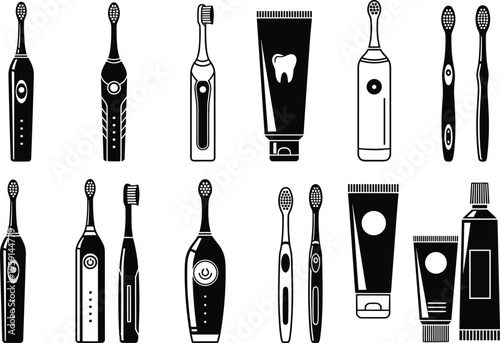 Electric toothbrush and toothpaste icons set, oral hygiene dental care collection, modern bathroom health equipment vector illustration isolated on light background