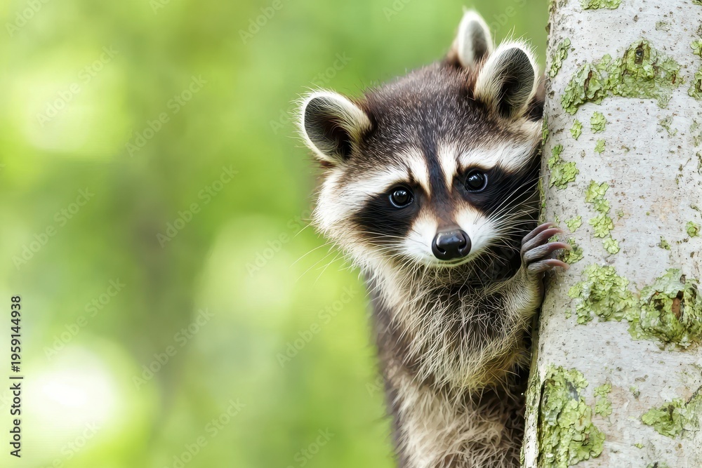 Obraz premium A curious raccoon peeks from behind a tree trunk in a lush green forest setting.