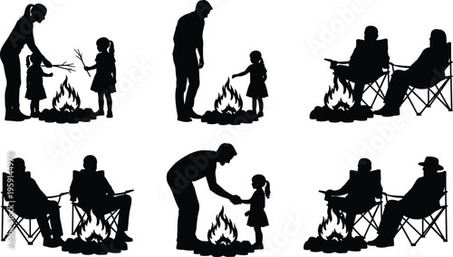 Family camping campfire silhouette vector set, outdoor adventure scenes with parents and children, roasting sticks, folding chairs, and campsite fire illustrations