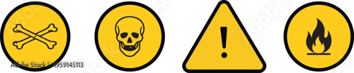Set of yellow warning and hazard symbols including crossbones, skull, exclamation mark, and fire, presented in circles and a triangle for safety alerts