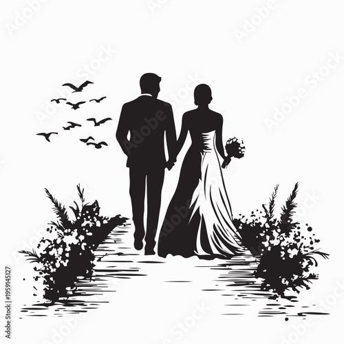 Bride and Groom Walking Together Silhouette Wedding Celebration Vector