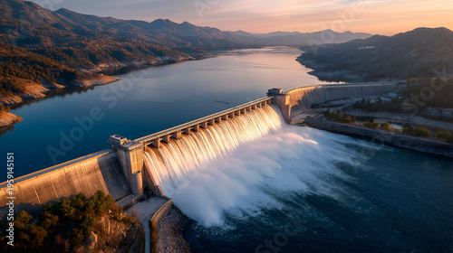 Aerial View of Hydroelectric Dam Releasing Water into Reservoir
