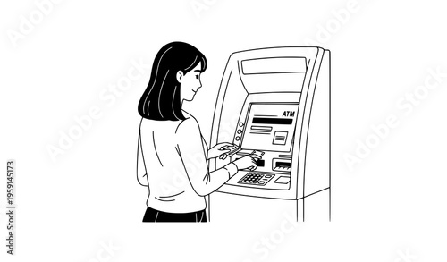 Woman performing bank transfer at ATM black and white vector illustration of financial transaction