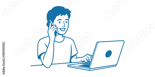 Blue line of a man talking on phone and using laptop line man person cellphone in white background