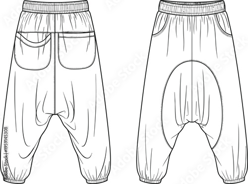 Harem pants front and back outline template, loose fit apparel mockup isolated, cad drawing flat vector illustration design