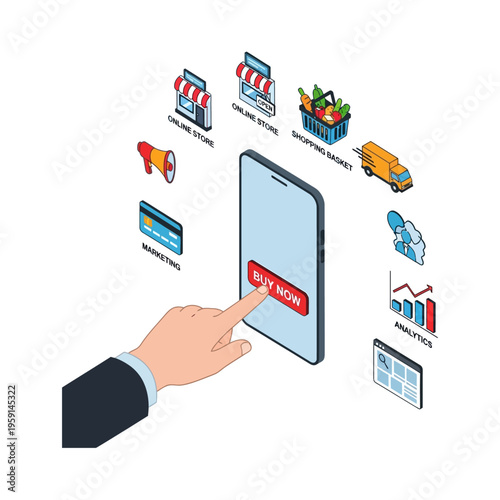 Wallpaper Mural Isometric Hand Tapping Buy Now on Smartphone with E-commerce Icons. Torontodigital.ca