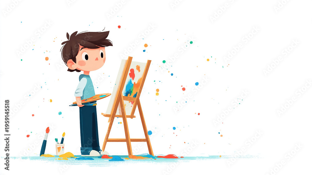 Fototapeta premium Cute cartoon boy painting on a canvas isolated on white background