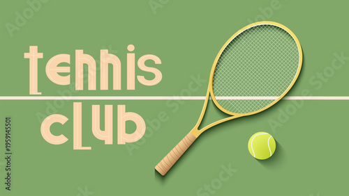 Tennis ball lies on a tennis court. Tennis racket is on a white line. Vector illustration for a tennis tournament poster.