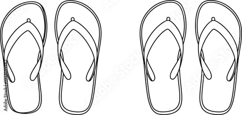 Flip flop sandal outline illustration, summer beach footwear set, casual thong slippers isolated design, cad drawing flat vector illustration
