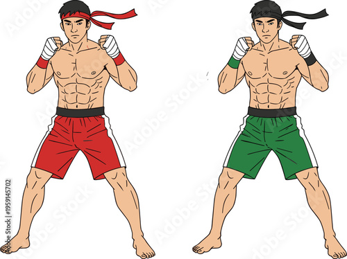 Martial arts fighters in fighting stance, muscular combat athletes illustration, kickboxing and Muay Thai sports characters isolated vector