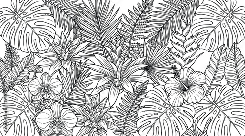 Lush tropical leaves and exotic blooming flowers, an intricate monochrome plant art ready for creative coloring