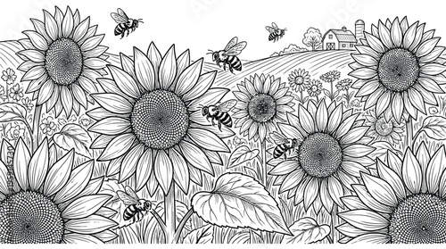 Field of sunflowers with bees and a farmhouse in the background illustration