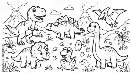 Happy Dinosaur Coloring Pages for Kids and Toddlers