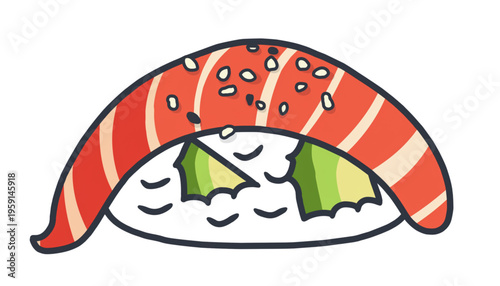 Cute kawaii salmon nigiri sushi with smiling face, topped with sesame seeds and vibrant orange fish, illustrated in a playful flat vector style
