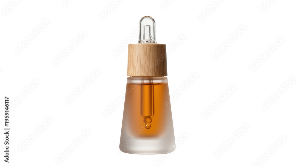 Obraz premium Frosted amber glass dropper bottle with light wood cap and golden liquid inside, isolated on transparent background for cosmetic product displays