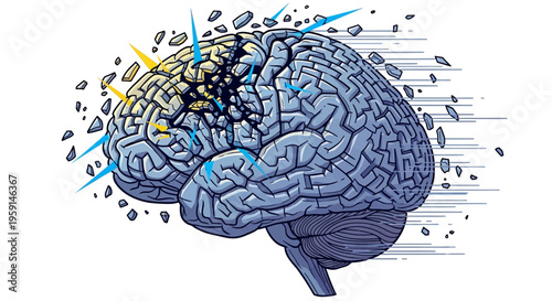 Exploding brain with shockwaves and debris on white background