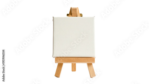 Photography Small square blank canvas stretched taut over a light wood easel, isolated on tr