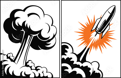 Mushroom cloud and missile impact vector, high-impact illustration featuring solid black nuclear cloud on left and dynamic missile explosion with orange sparks and billowy smoke.