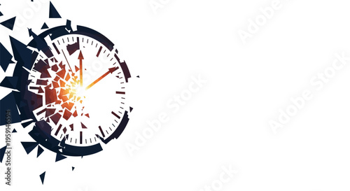 Exploding clock with shattered glass on white background symbolizing time running out urgency and deadline