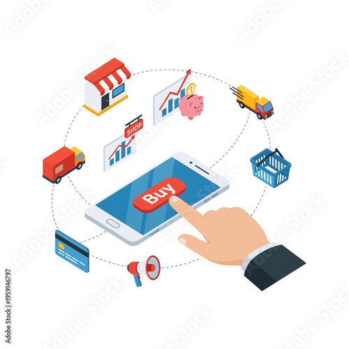 Wallpaper Mural Isometric illustration of a hand tapping a Buy button on a smartphone, surrounded by e-commerce icons. Torontodigital.ca