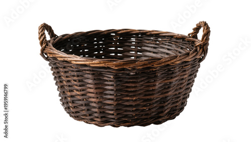 Φωτογραφία Rustic dark brown wicker basket with tightly woven texture and two curved handle