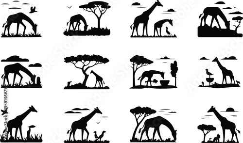 Giraffe Silhouette Icon Collection Set