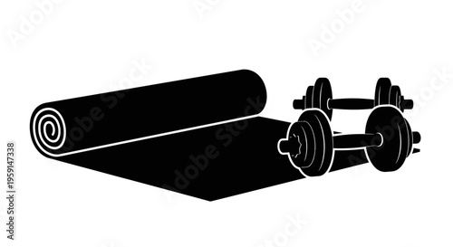 Yoga mat and dumbbells for fitness and exercise routine at home or gym