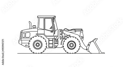 Heavy duty front loader machine with large tires and bucket for construction and industrial use on a plain background