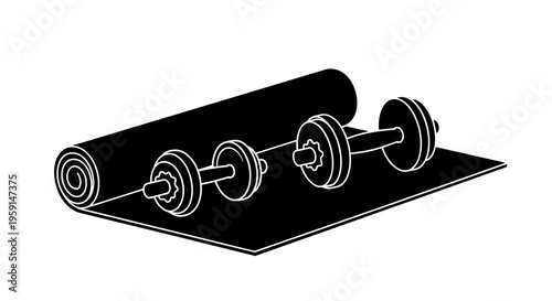 Fitness equipment on a yoga mat with dumbbells for exercise and workout routine at home or gym
