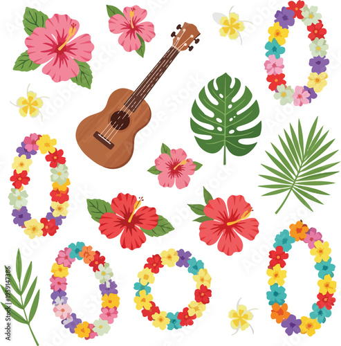 Hawaiian Lei Day Elements Set with Ukulele, Hibiscus Flowers, and Tropical Palm Leaves