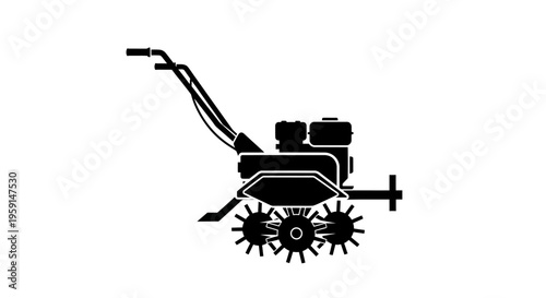 Tiller machine for gardening and landscaping with spiked wheels on white background