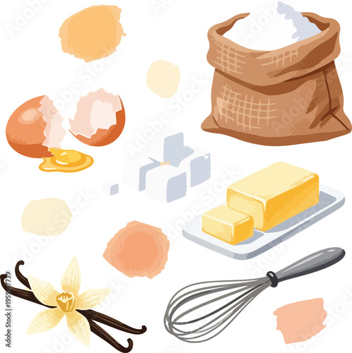 Baking Ingredients for Easter and Mother's Day Cake - Flour, Eggs, Butter, Sugar, Vanilla, and Whisk Illustration