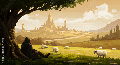 A solitary cloaked figure finds repose under a majestic tree, gazing upon tranquil sheep grazing in a sunlit pastoral field leading to a grand, ancient city on the distant horizon